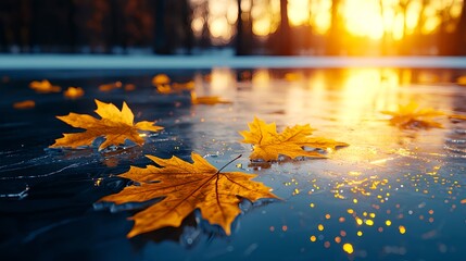 Golden Autumn Leaves on Icy Water at Sunset