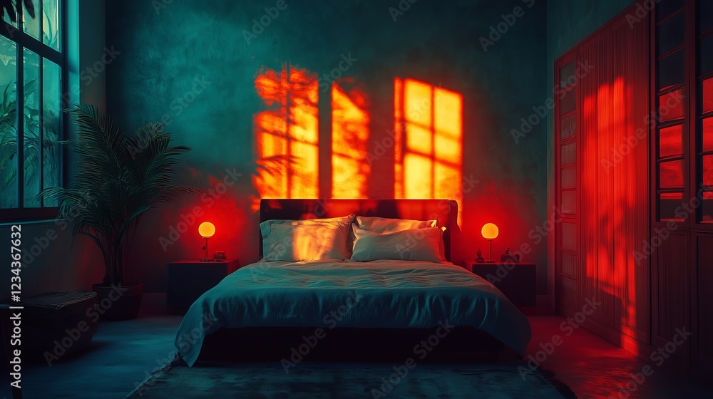 Poster cozy bedroom atmosphere with soft red light illuminating a plush bed surrounded by warm decor creati