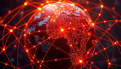 Global network, digital world map, glowing red connections, orange energy lines, futuristic sphere, data visualization, technological concept, interconnected globe, abstract earth, fiber optic communi