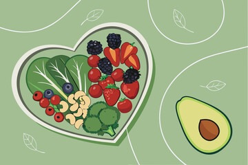  Heart-shaped bowl, fresh vegetables and fruits, colorful produce, healthy eating, green background, overhead view, balanced diet, nutrition concept, vibrant colors, avocado, broccoli, tomatoes, ber