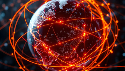 Global network, digital world map, glowing red connections, orange energy lines, futuristic sphere, data visualization, technological concept, interconnected globe, abstract earth, fiber optic communi