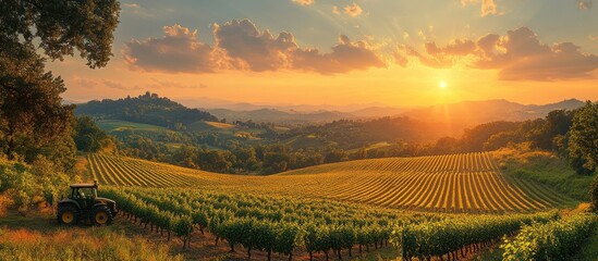 Naklejka premium Picturesque Vineyard Landscape at Sunset with Tractor.