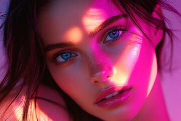 Obraz premium Striking portrait of a young woman with vibrant lighting effects emphasizing her features and captivating blue eyes