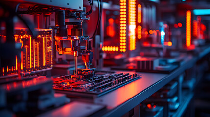 An advanced robotics laboratory, with intricate robotic arms assembling microchips under intense lighting, during a precision engineering project