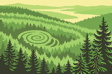 Aerial view of dense forest, spiral pattern of lighter green trees, lush coniferous woodland, vibrant emerald foliage, nature's geometric design, bird's eye perspective, organic swirl in forest can © Manik Mia