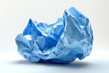 Obraz premium Crumpled blue paper artwork displayed against a minimalist white background to highlight its texture and form