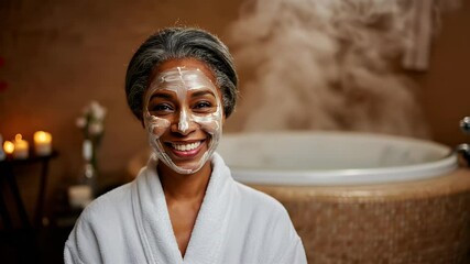 African-American woman enjoying a spa session with a face mask smiling at the camera