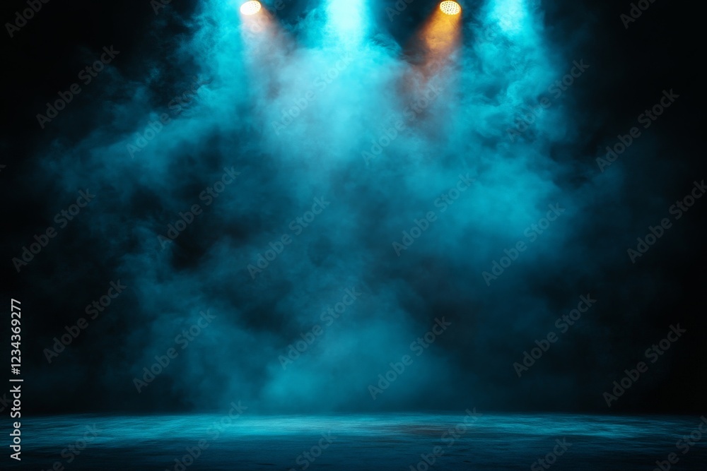 Poster vibrant blue and orange stage lights creating an atmospheric fog for a performance or event
