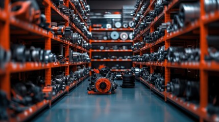 Obraz premium A storage room filled with rows of industrial spare parts.