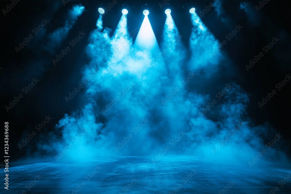 Poster Stage with blue lighting and mist creates an atmospheric setting for a performance or event