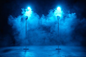 Blue foggy atmosphere created by two spotlight stands illuminating a dimly lit venue