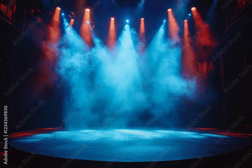 Poster illuminated stage with blue and orange lighting effects creating an atmospheric backdrop for a perfo