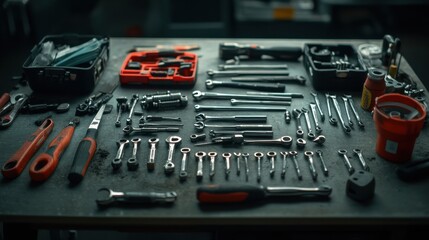 Fototapeta premium A toolset with wrenches, screwdrivers, and pliers neatly arranged on a bench