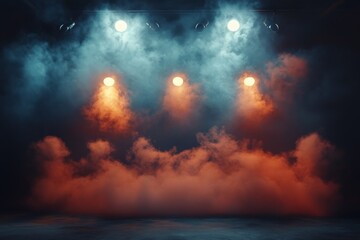 Colorful stage lights illuminate smoke-filled atmosphere during a live performance at a music venue
