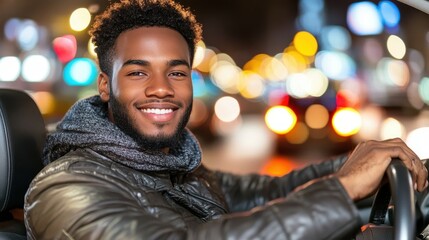A young man with a joyful expression sits in the driver's seat of a car, surrounded by city lights and blurred traffic at night, embodying a feeling of freedom and excitement