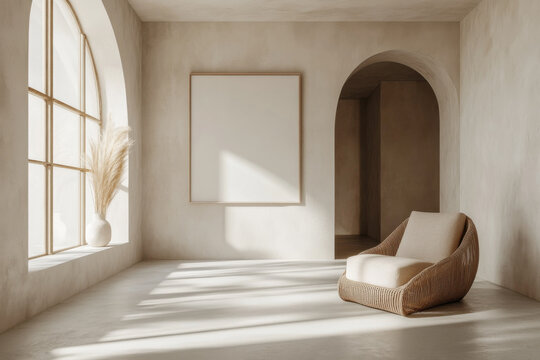 Beige interior mock-up with empty frame