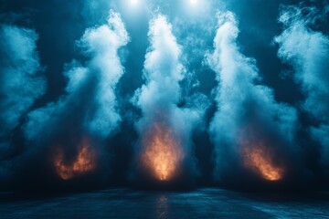 Colorful smoke and flame display creates a vibrant atmosphere during a nighttime performance