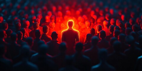 Obraz premium A striking glowing figure surrounded by a shadowy crowd, symbolizing individuality, leadership, and uniqueness.