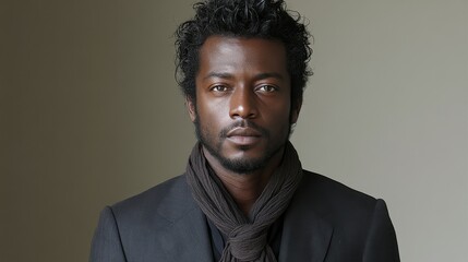 Obraz premium A man stands confidently wearing a tailored suit and a dark scarf. His curly hair and serious expression create a sophisticated appearance against a soft background
