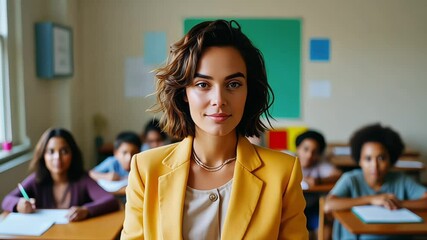 Young Latino Hispanic American teacher smiling in classroom on World Teachers' Day