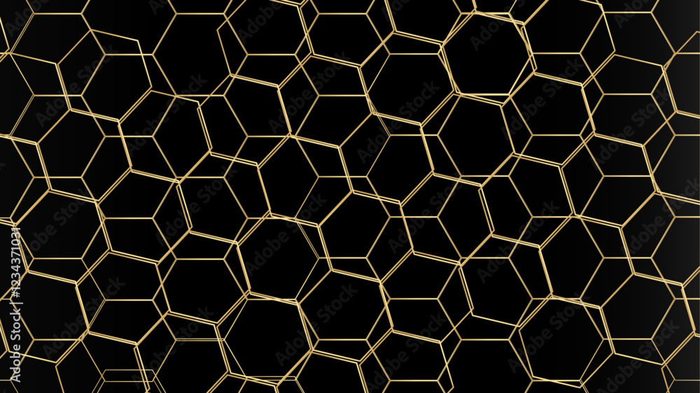 Poster abstract honeycomb pattern hexagonal background. golden hexagonal or honeycomb pattern on black back