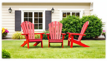 Red Outdoor patio Chairs on Front Yard Lawn , with white tonespng