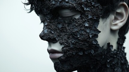 Boy with cracked earth face mask, closed eyes, light background
