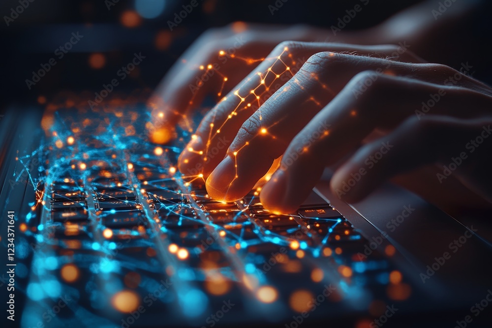 Fototapete hands typing on a keyboard with glowing digital lines and particles in a dark setting during nightti