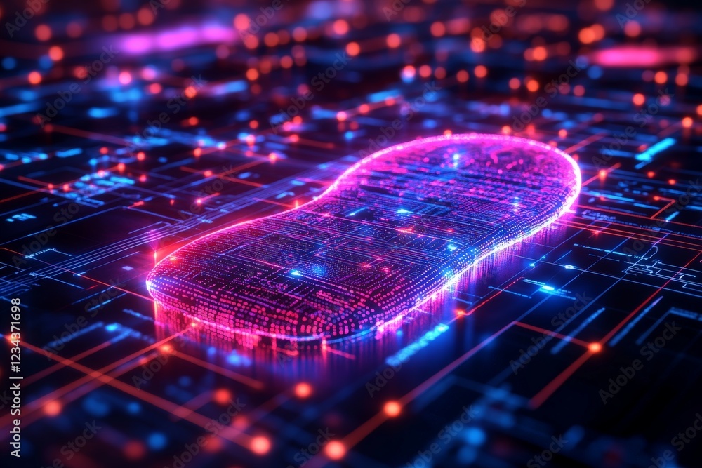 Poster digital representation of a shoe sole surrounded by vibrant technology elements at night