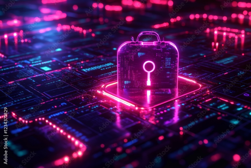 Aufkleber Digital security lock glowing in a cyber environment with neon lights and circuit patterns at night