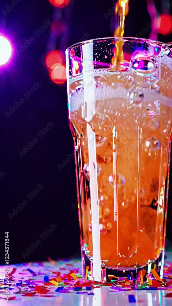 Poster A dynamic, party-ready scene of orange soda fizzing up and overflowing slightly, with vivid confetti raining down in the blurred, festive backdrop.