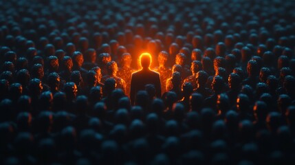 Fototapeta premium A striking glowing figure surrounded by a shadowy crowd, symbolizing individuality, leadership, and uniqueness.