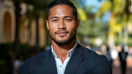 Fototapeta premium A young man stands confidently, dressed in a tailored suit, with his arms crossed. He is outdoors surrounded by lush palm trees and bright sunlight, evoking a professional and relaxed vibe
