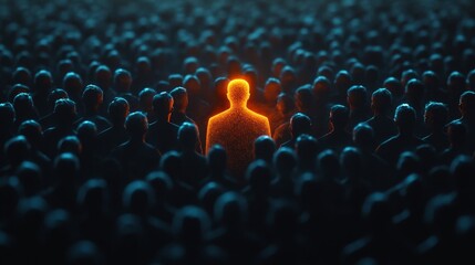 Obraz premium A striking glowing figure surrounded by a shadowy crowd, symbolizing individuality, leadership, and uniqueness.