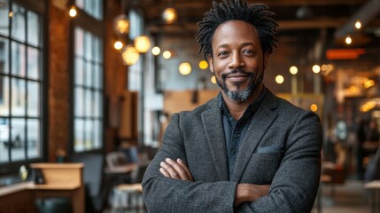 Obraz premium A man stands confidently with crossed arms in a chic cafe featuring large windows and warm lighting. He exudes a relaxed yet professional demeanor amid an inviting atmosphere