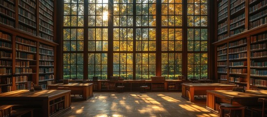 Sunlit library with large windows and bookshelves.