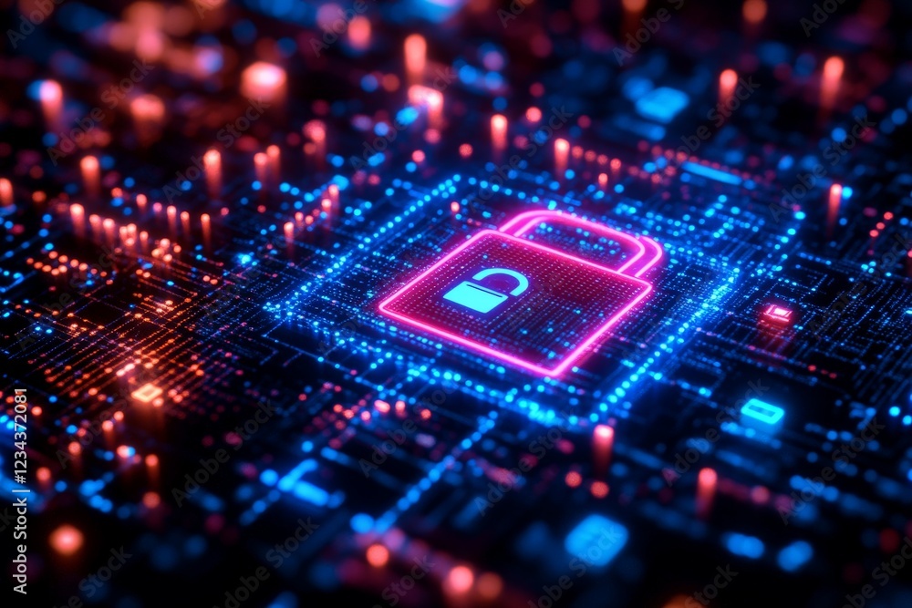Poster Digital lock symbolizing cybersecurity on a vibrant circuit board background