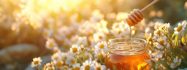 jar of honey on a field background. Selective focus