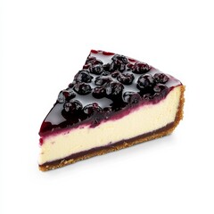 A slice of decadent cheesecake with blueberry compote, isolated white background, realism art style
