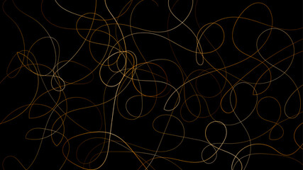 Golden abstract wavy random scribble lines on a black backdrop background. Geometric black background with golden diagonal lines. seamless random chaotic digital line business concept. 