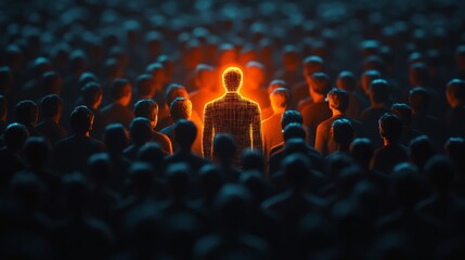 Obraz premium A striking glowing figure surrounded by a shadowy crowd, symbolizing individuality, leadership, and uniqueness.