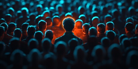 Obraz premium A striking glowing figure surrounded by a shadowy crowd, symbolizing individuality, leadership, and uniqueness.