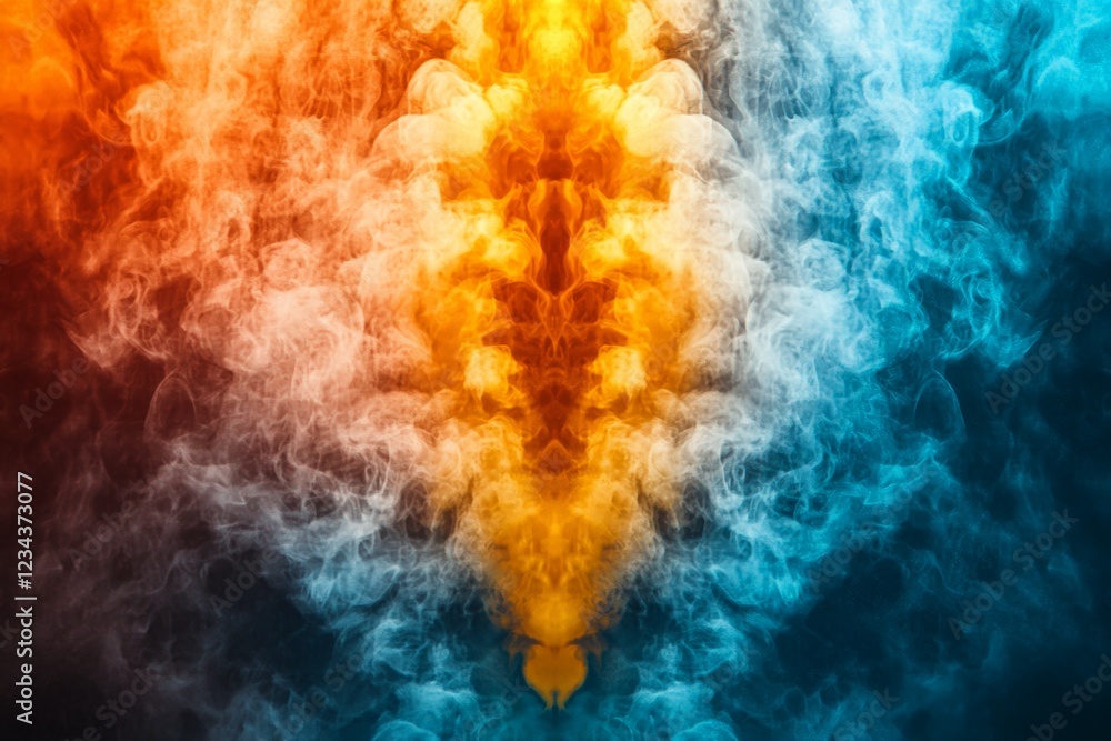 Poster Colorful smoke patterns blending orange and blue in an abstract representation of fluid dynamics