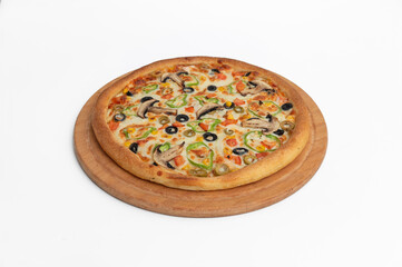 Pizza with salami  mushrooms and cheese on a white background
