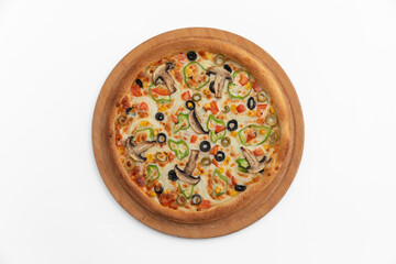 Pizza with salami  mushrooms and cheese on a white background