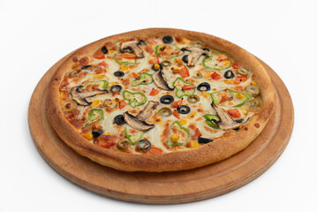 Pizza with salami  mushrooms and cheese on a white background