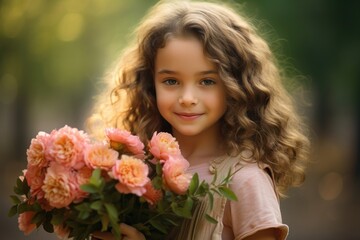 Fototapeta premium Girl holding flowers portrait plant child.