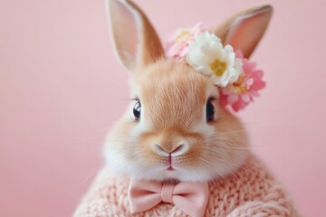Obraz premium Cute rabbit wearing a pink sweater with flowers on its head in a cozy indoor setting