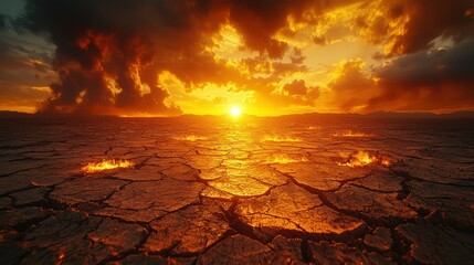 Burning cracked desert at sunset with fiery fissures