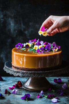 Hand places edible flowers on top of a beautifully glazed caramel cake. Delicious dessert on metal stand and dark natural background. Suitable for restaurant and coffee shop menu design